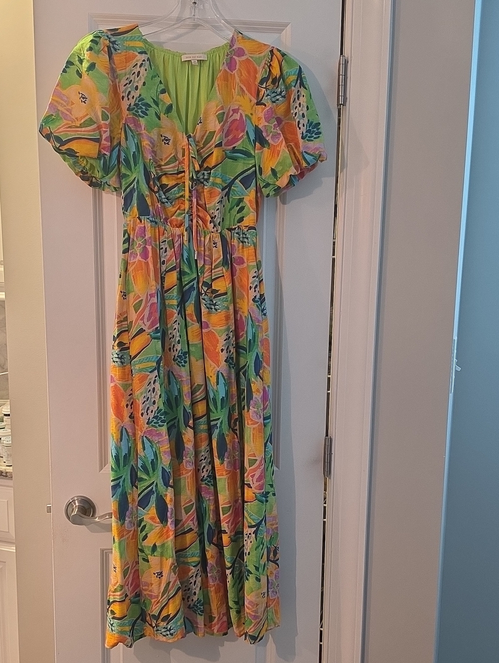 Skies Are Blue Tropical Midi Dress in Green, Yellow & Pink By AVARA NEVER WORN